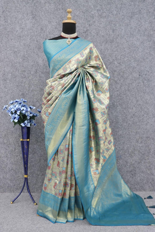 Load image into Gallery viewer, Snappy Beige Kanjivaram Silk Saree With Allure Blouse Piece
