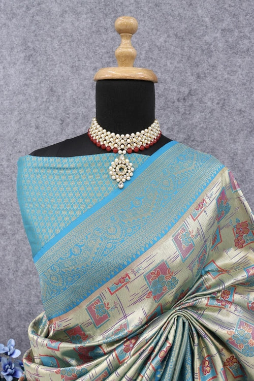 Load image into Gallery viewer, Snappy Beige Kanjivaram Silk Saree With Allure Blouse Piece
