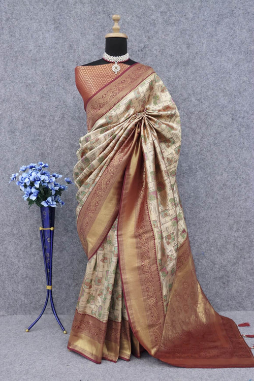 Load image into Gallery viewer, Elaborate Beige Kanjivaram Silk Saree With Snazzy Blouse Piece
