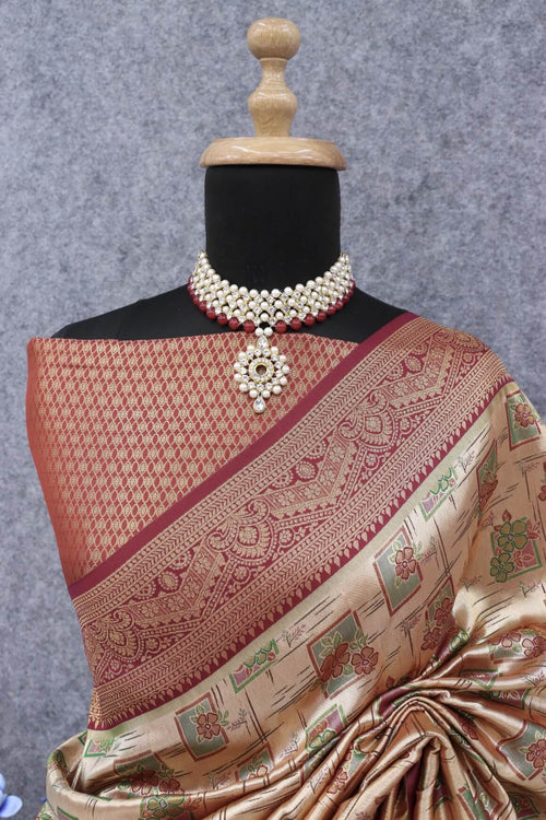 Load image into Gallery viewer, Elaborate Beige Kanjivaram Silk Saree With Snazzy Blouse Piece
