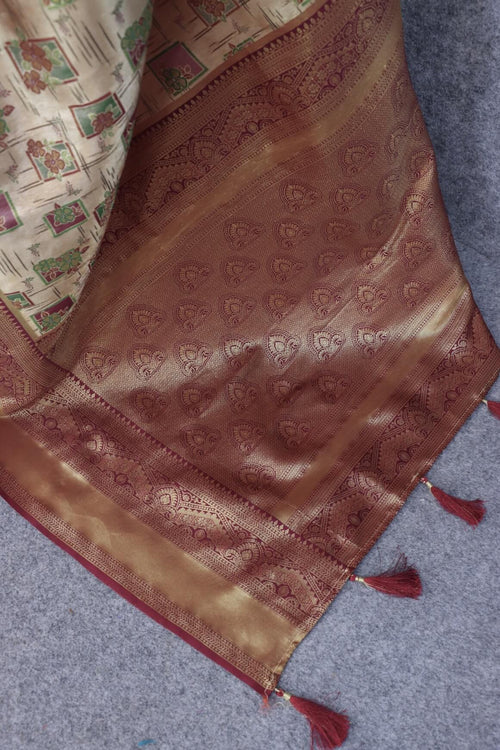 Load image into Gallery viewer, Elaborate Beige Kanjivaram Silk Saree With Snazzy Blouse Piece
