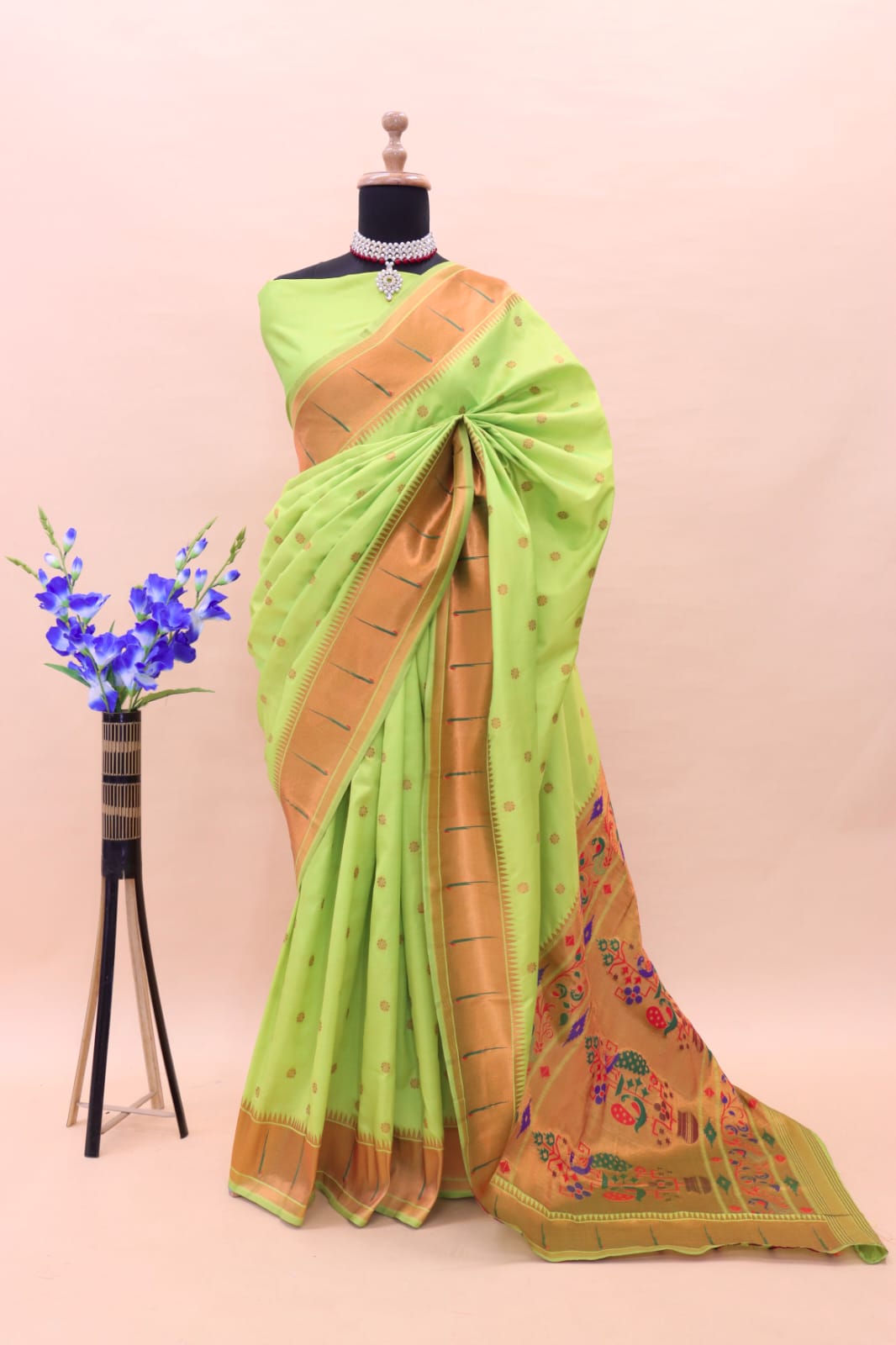Skinny Parrot Paithani Silk Saree With Lovely Blouse Piece