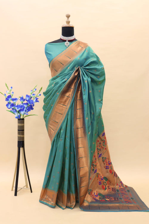 Load image into Gallery viewer, Ethnic Rama Paithani Silk Saree With Desirable Blouse Piece
