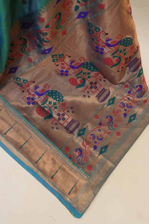 Load image into Gallery viewer, Ethnic Rama Paithani Silk Saree With Desirable Blouse Piece
