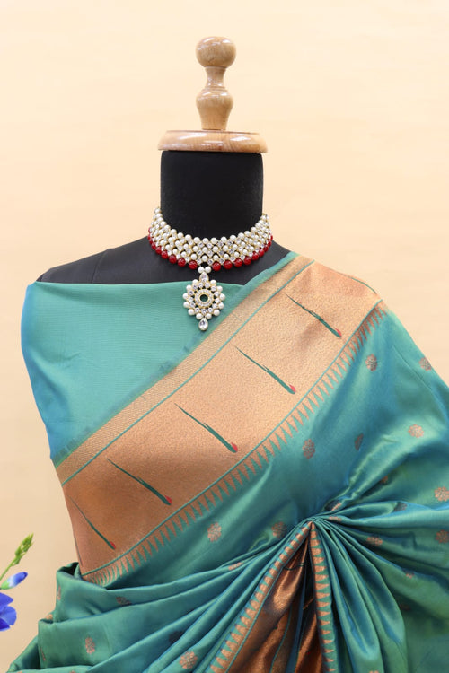 Load image into Gallery viewer, Ethnic Rama Paithani Silk Saree With Desirable Blouse Piece
