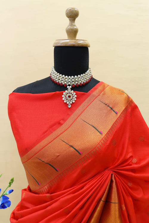 Load image into Gallery viewer, Assemblage Red Paithani Silk Saree With Forbearance Blouse Piece
