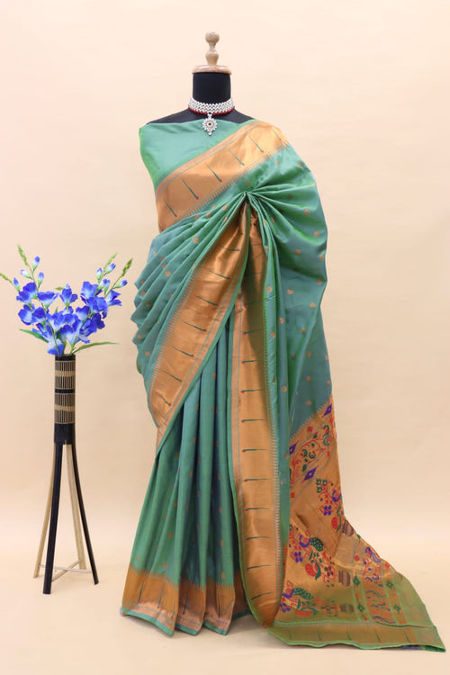 Load image into Gallery viewer, Petrichor Sea Green Paithani Silk Saree With Engaging Blouse Piece
