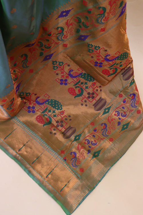 Load image into Gallery viewer, Petrichor Sea Green Paithani Silk Saree With Engaging Blouse Piece
