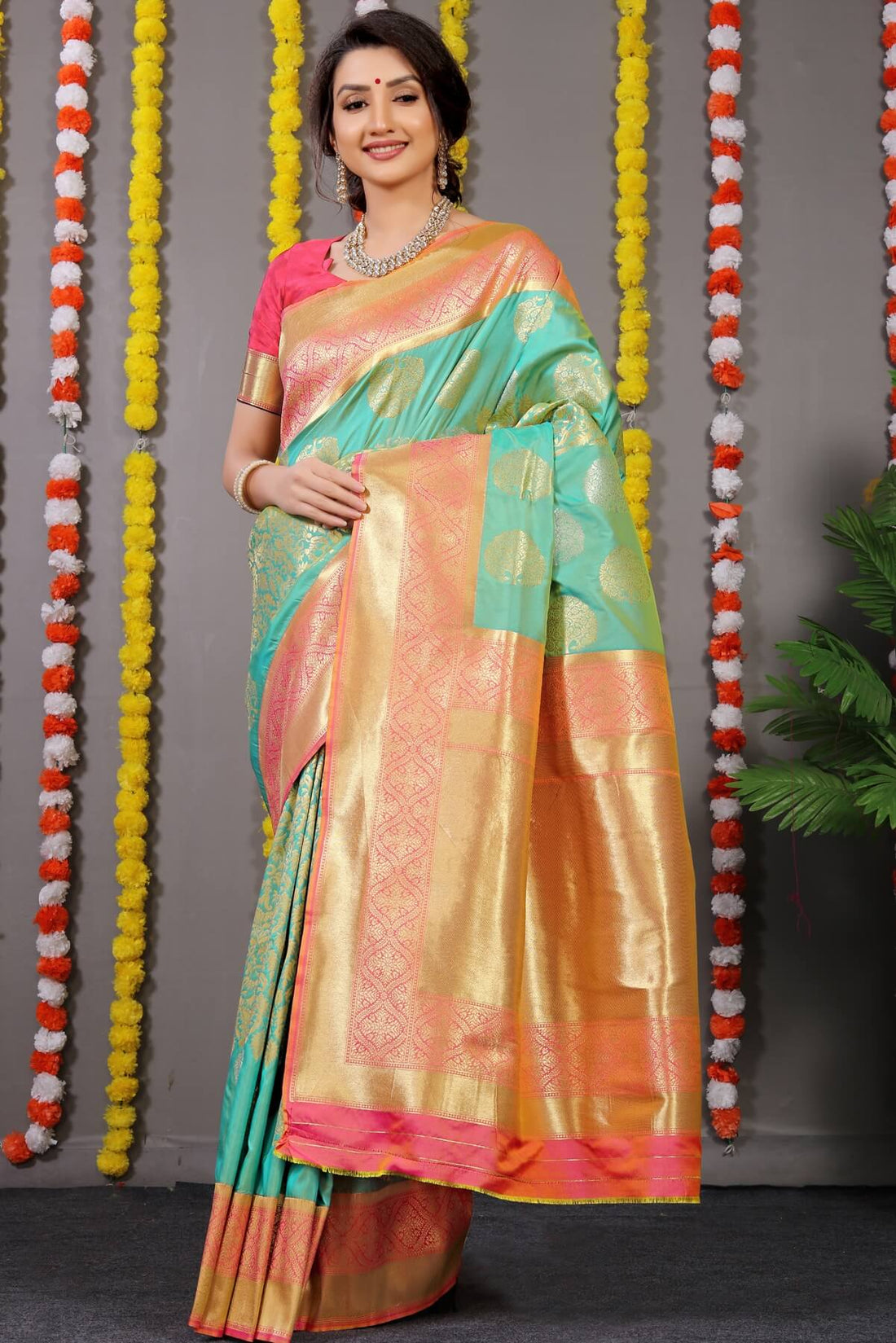Profuse Turquoise Banarasi Silk Saree With Comely Blouse Piece