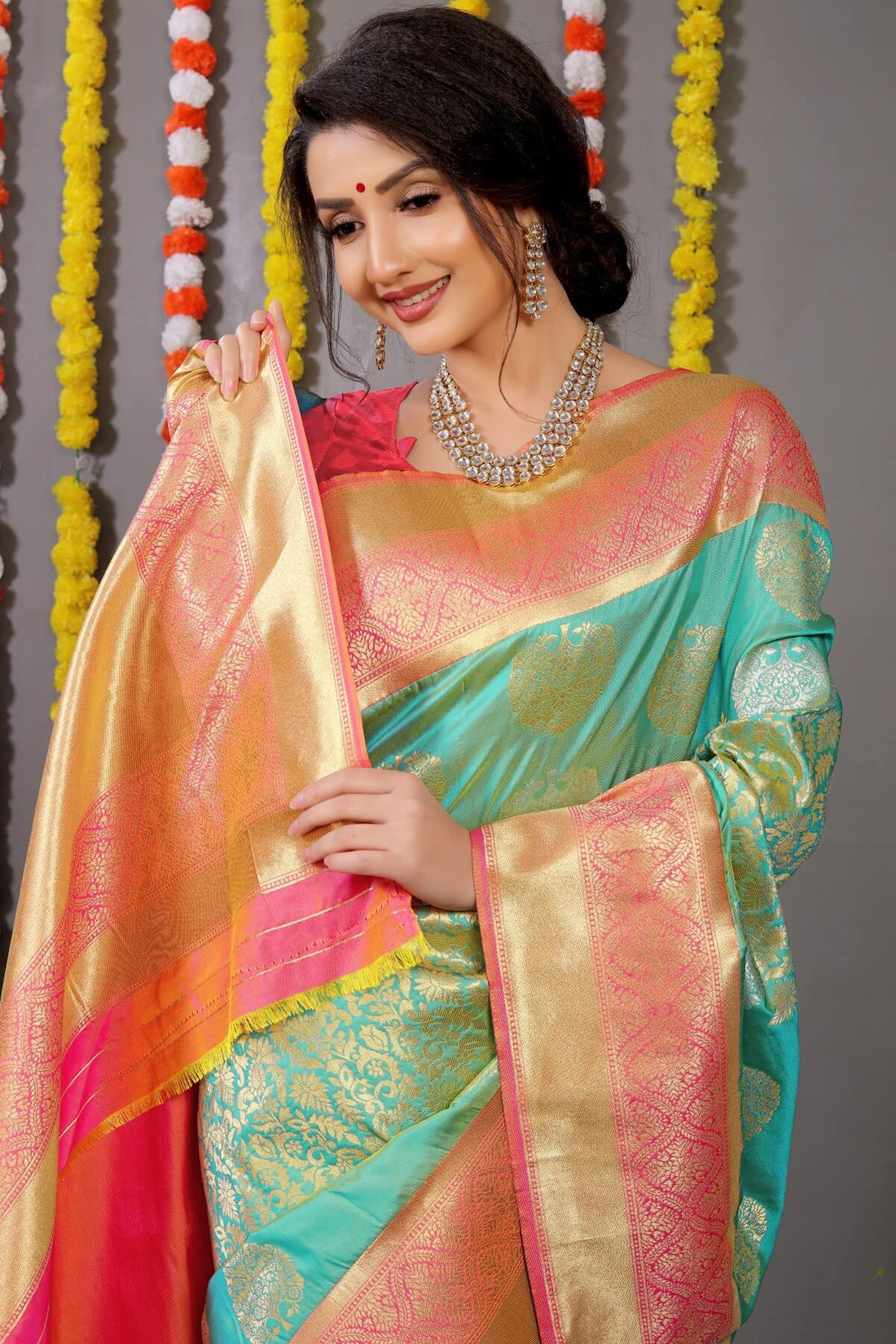 Profuse Turquoise Banarasi Silk Saree With Comely Blouse Piece