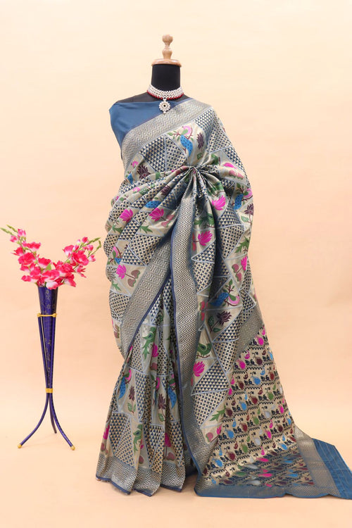 Load image into Gallery viewer, Desuetude Blue Paithani Silk Saree With Gossamer Blouse Piece
