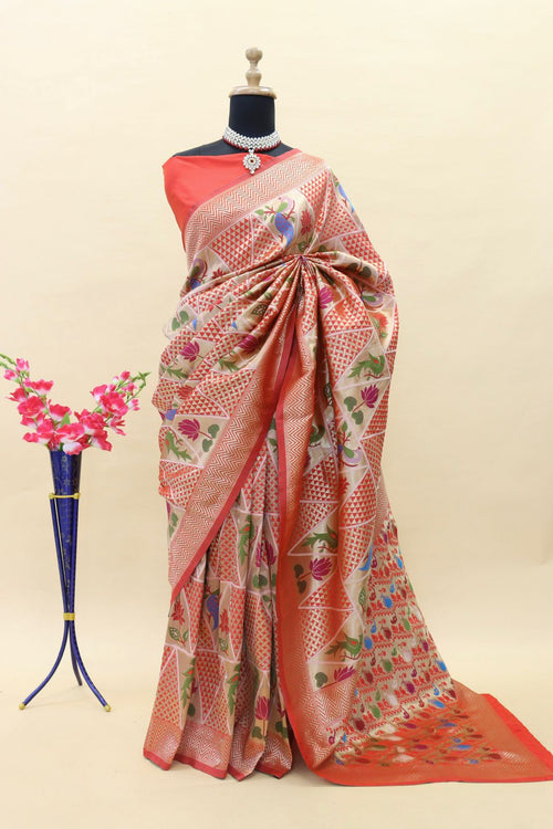 Load image into Gallery viewer, Splendiferous Red Paithani Silk Saree With Snappy Blouse Piece
