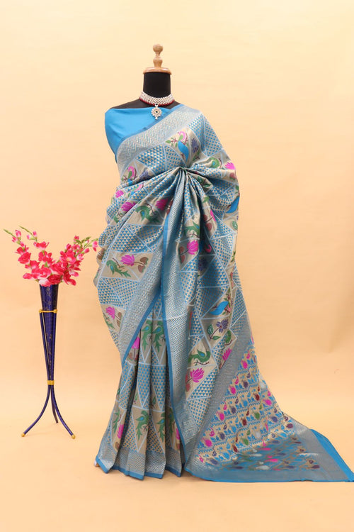 Load image into Gallery viewer, Imaginative Sky Paithani Silk Saree With Magnificat Blouse Piece
