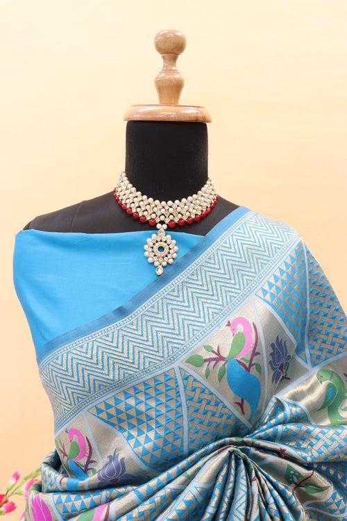 Load image into Gallery viewer, Imaginative Sky Paithani Silk Saree With Magnificat Blouse Piece
