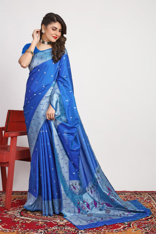 Load image into Gallery viewer, Gorgeous Blue Paithani Silk Saree With Alluring Blouse Piece
