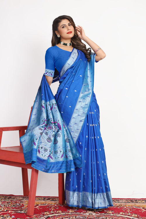 Load image into Gallery viewer, Gorgeous Blue Paithani Silk Saree With Alluring Blouse Piece
