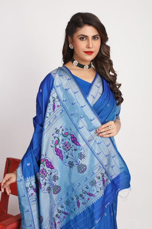 Load image into Gallery viewer, Gorgeous Blue Paithani Silk Saree With Alluring Blouse Piece
