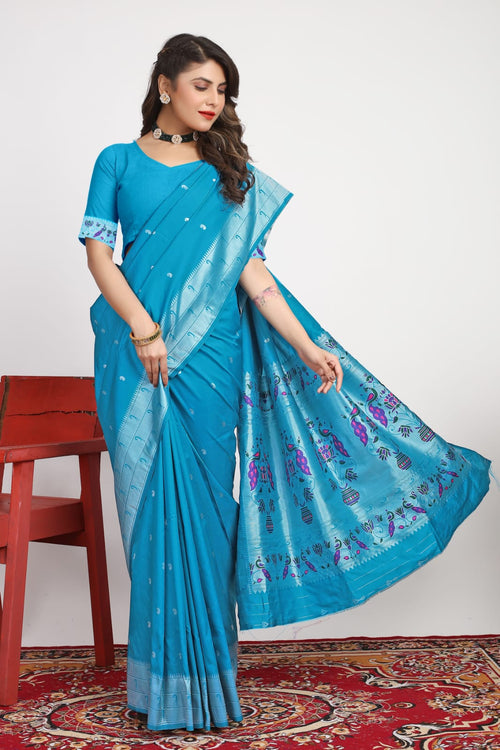 Load image into Gallery viewer, Marvellous Firozi Paithani Silk Saree With Stylish Blouse Piece
