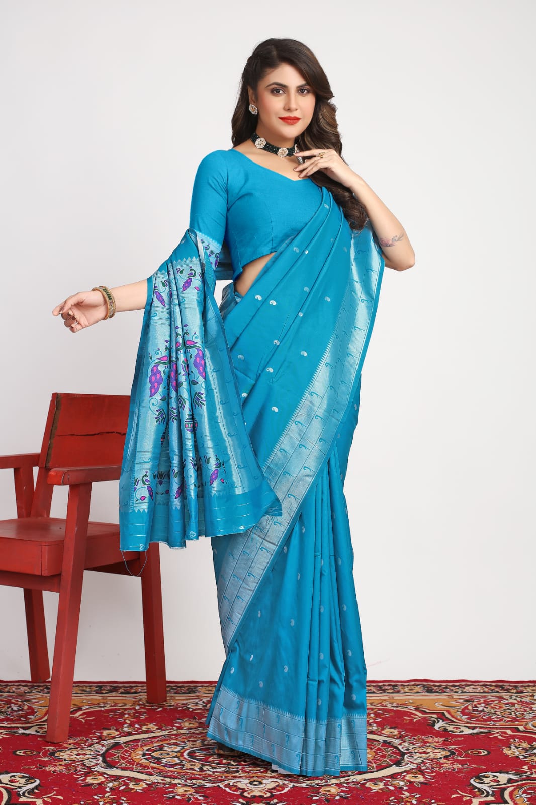Marvellous Firozi Paithani Silk Saree With Stylish Blouse Piece