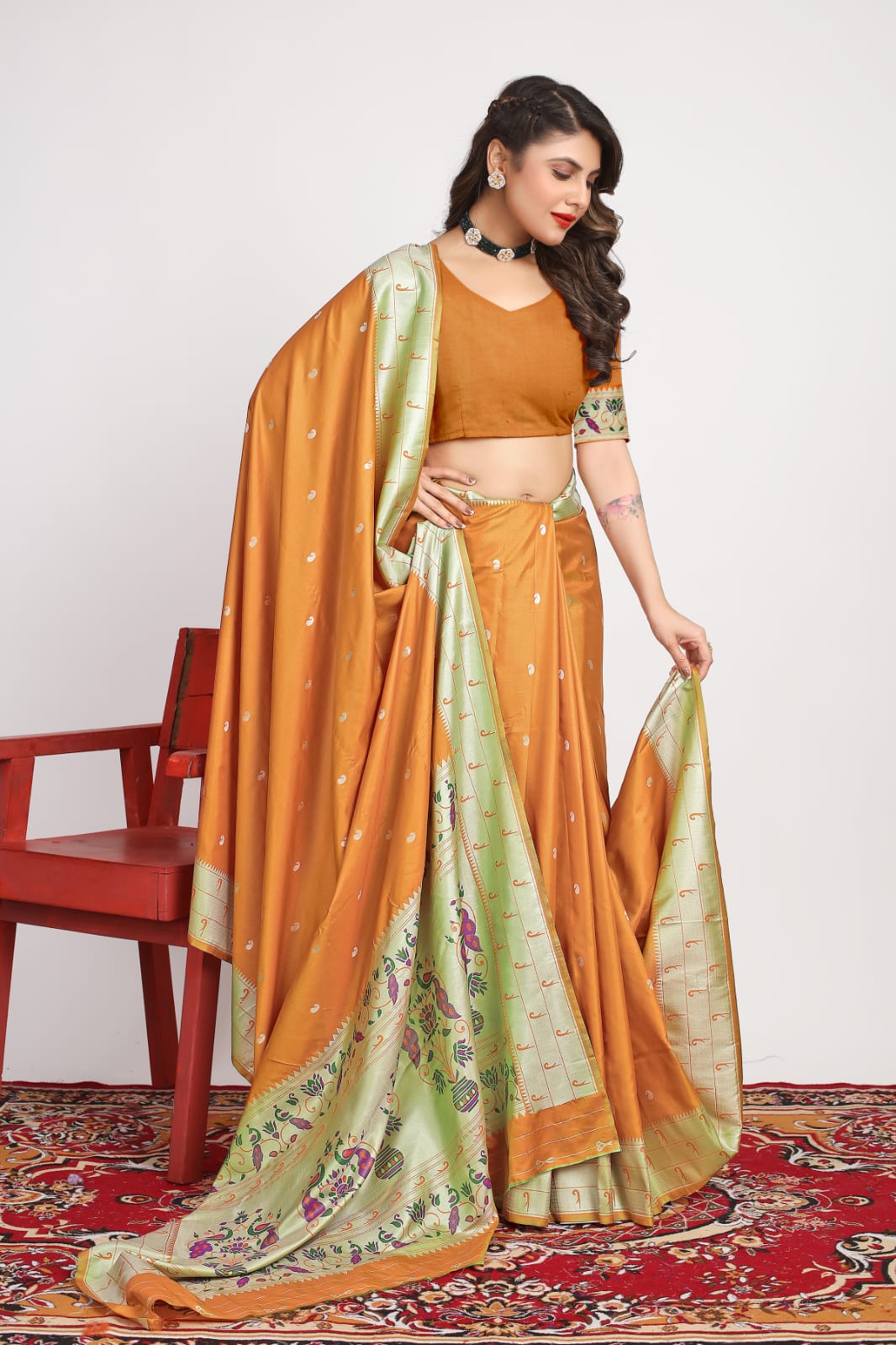 Invaluable Orange Paithani Silk Saree With Staring Blouse Piece