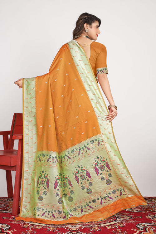 Load image into Gallery viewer, Invaluable Orange Paithani Silk Saree With Staring Blouse Piece
