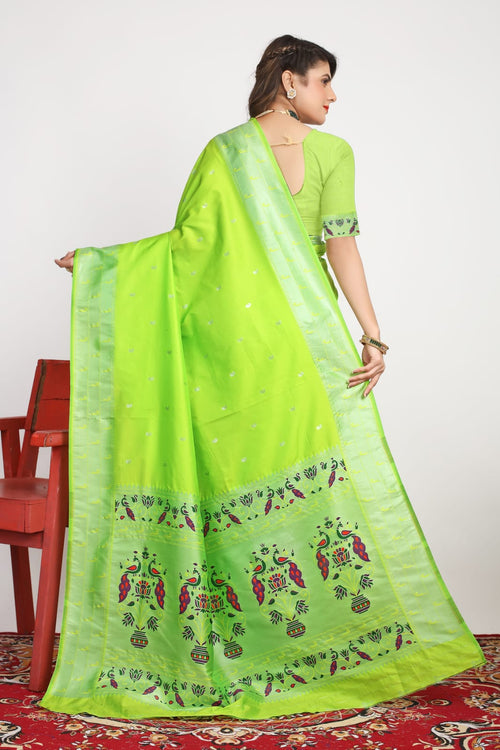 Load image into Gallery viewer, Deserving Parrot Paithani Silk Saree With Glowing Blouse Piece

