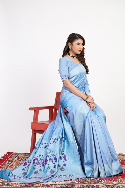 Load image into Gallery viewer, Surpassing Sky Paithani Silk Saree With Designer Blouse Piece
