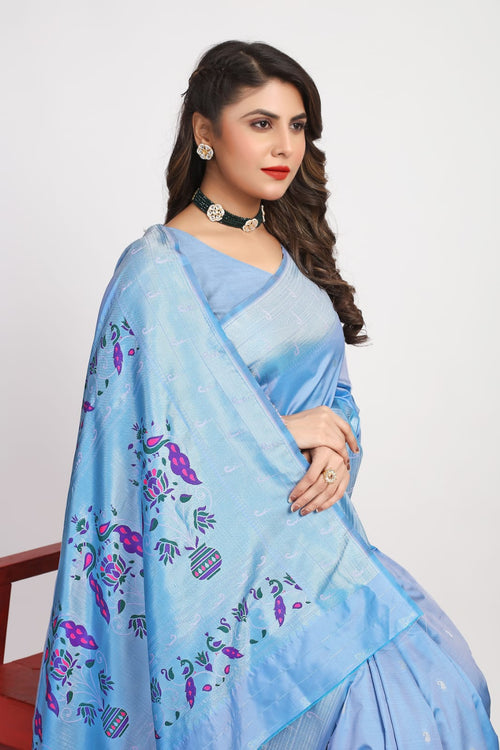 Load image into Gallery viewer, Surpassing Sky Paithani Silk Saree With Designer Blouse Piece
