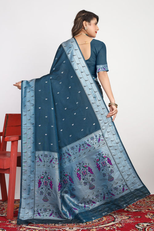 Load image into Gallery viewer, Appealing Teal Blue Paithani Silk Saree With Blooming Blouse Piece
