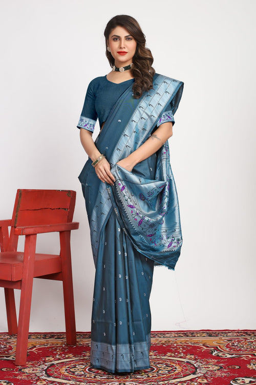 Load image into Gallery viewer, Appealing Teal Blue Paithani Silk Saree With Blooming Blouse Piece
