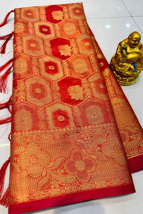 Load image into Gallery viewer, Mesmeric Red Organza Silk Saree With Ethnic Blouse Piece
