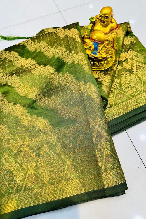 Load image into Gallery viewer, Gratifying Green Organza Silk Saree With Adorning Blouse Piece
