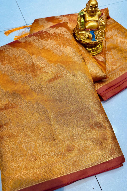 Load image into Gallery viewer, Gorgeous Mustard Organza Silk Saree With Energetic Blouse Piece
