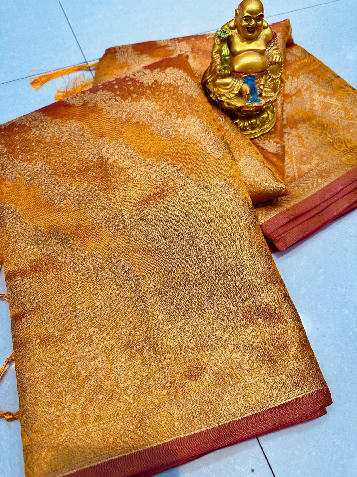 Gorgeous Mustard Organza Silk Saree With Energetic Blouse Piece