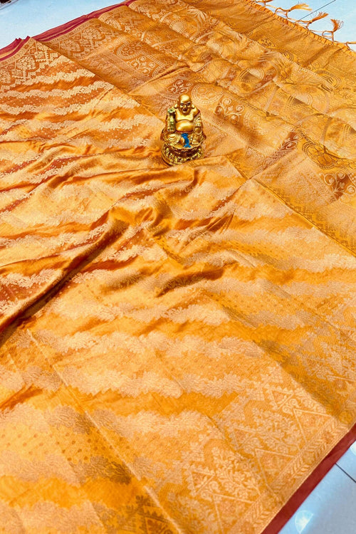 Load image into Gallery viewer, Gorgeous Mustard Organza Silk Saree With Energetic Blouse Piece
