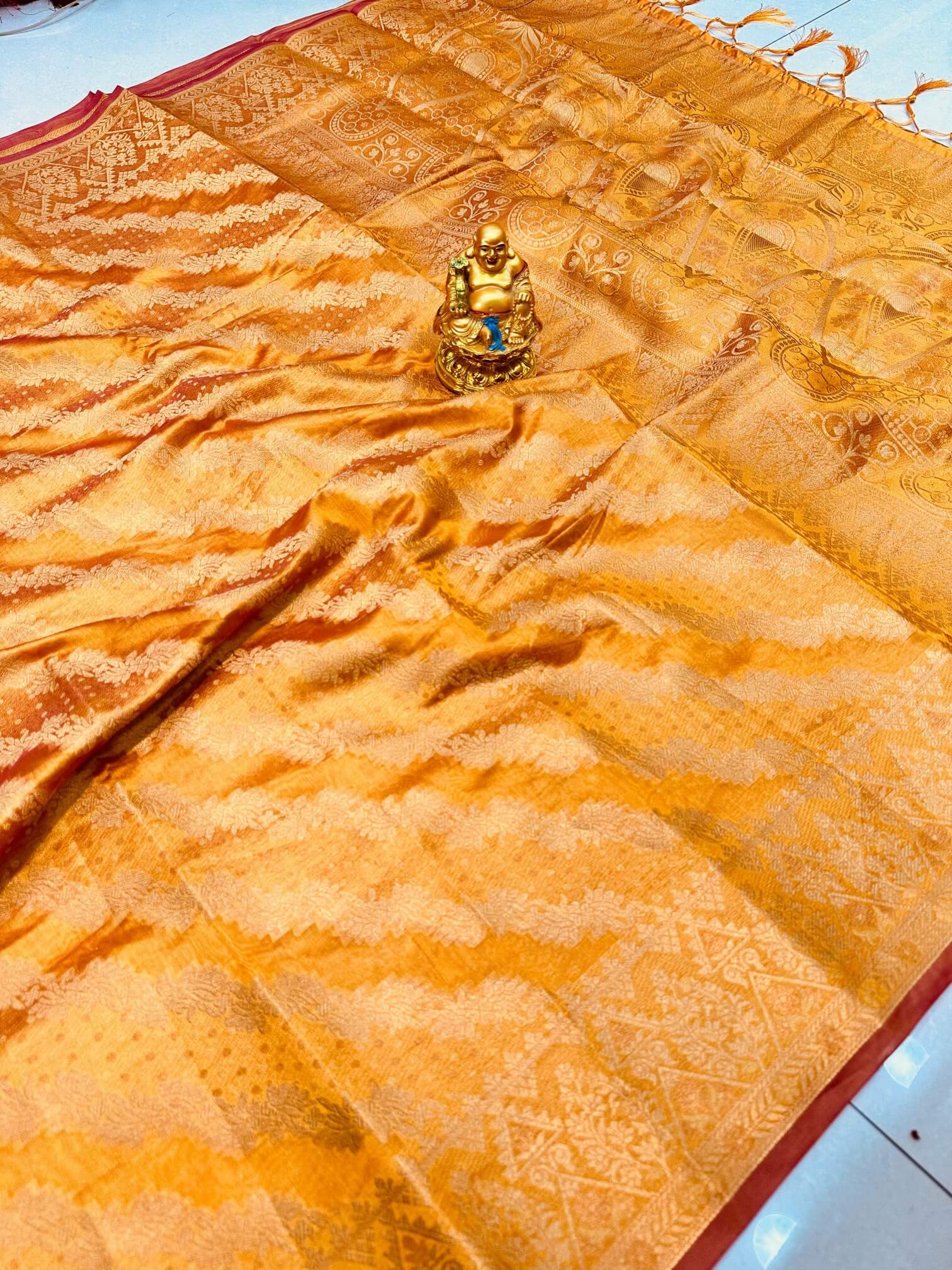 Gorgeous Mustard Organza Silk Saree With Energetic Blouse Piece