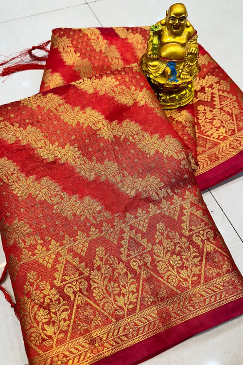 Load image into Gallery viewer, Desiring Red Organza Silk Saree With Adorable  Blouse Piece
