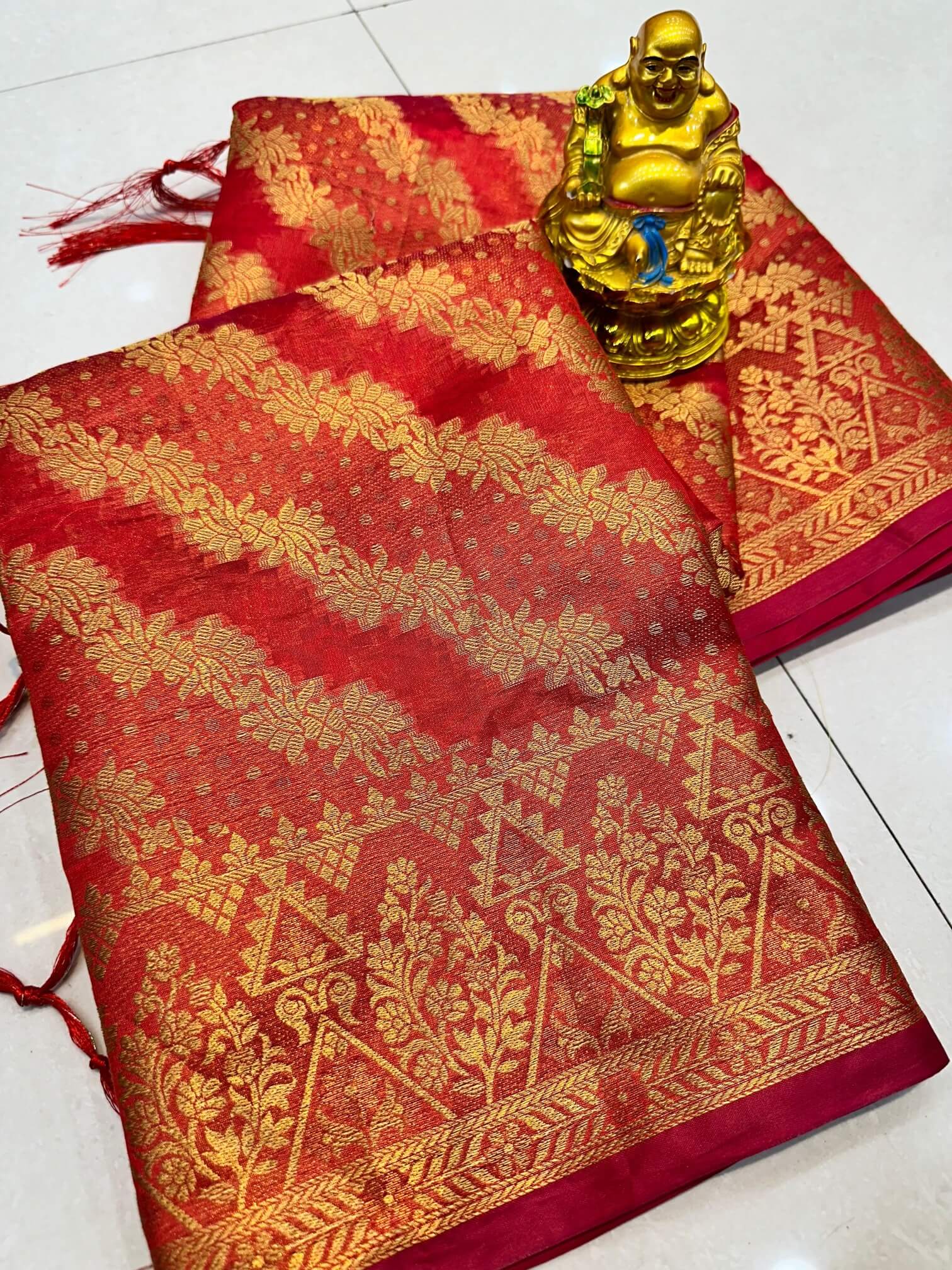 Desiring Red Organza Silk Saree With Adorable  Blouse Piece