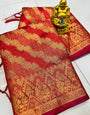 Desiring Red Organza Silk Saree With Adorable  Blouse Piece