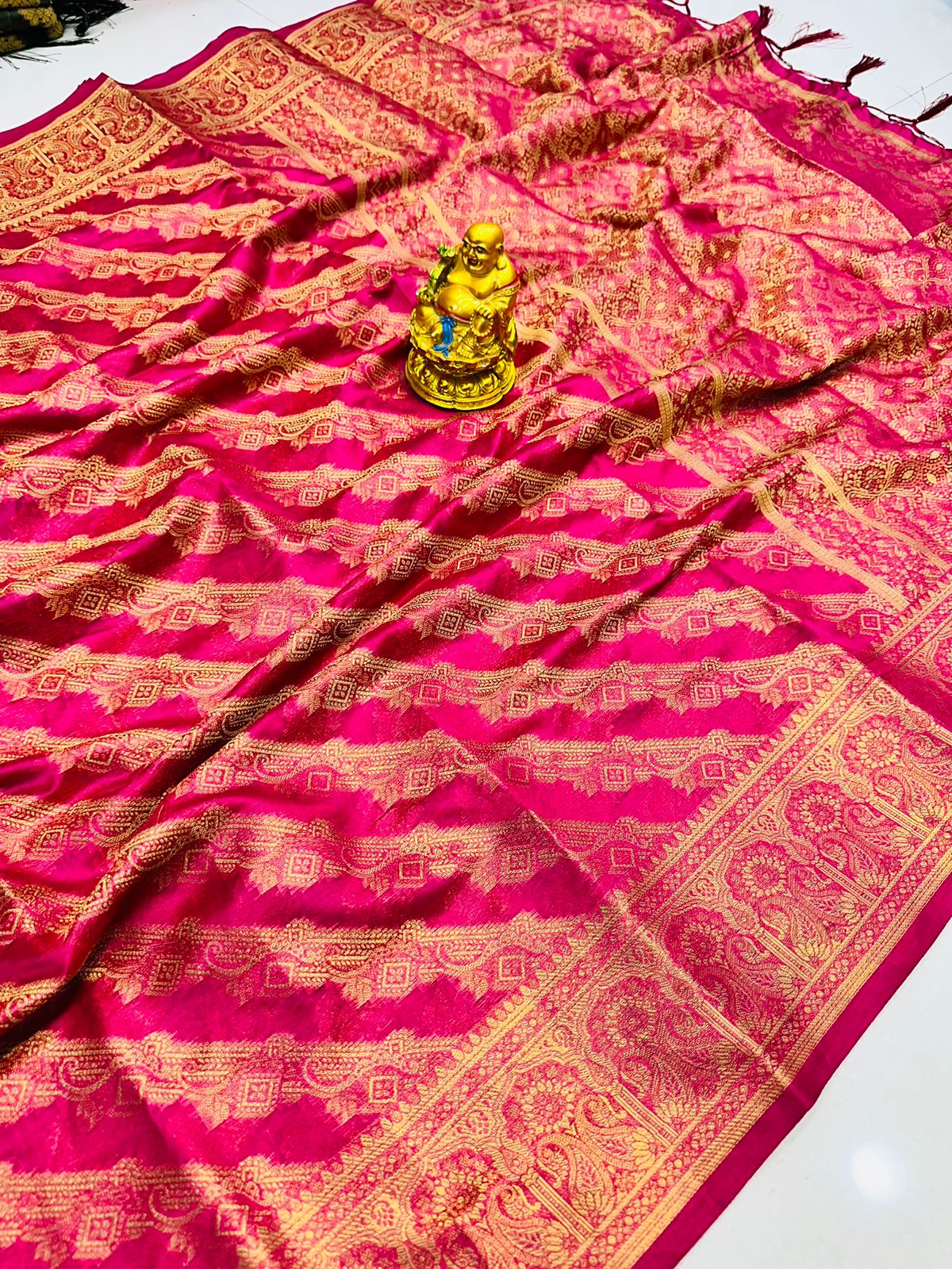 Sumptuous Dark Pink Organza Silk Saree With Exuberant Blouse Piece