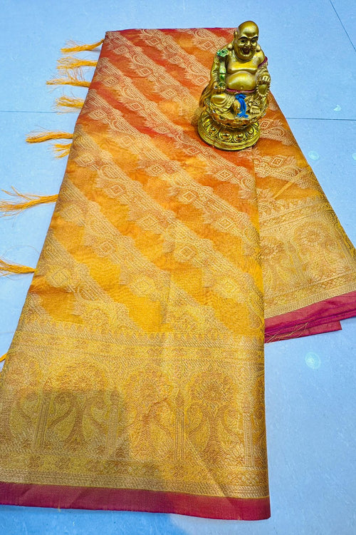 Load image into Gallery viewer, Scintilla Mustard Organza Silk Saree With Luxuriant Blouse Piece
