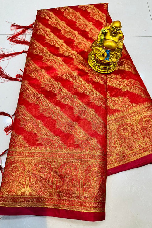 Load image into Gallery viewer, Diaphanous Red Organza Silk Saree With Panoply Blouse Piece
