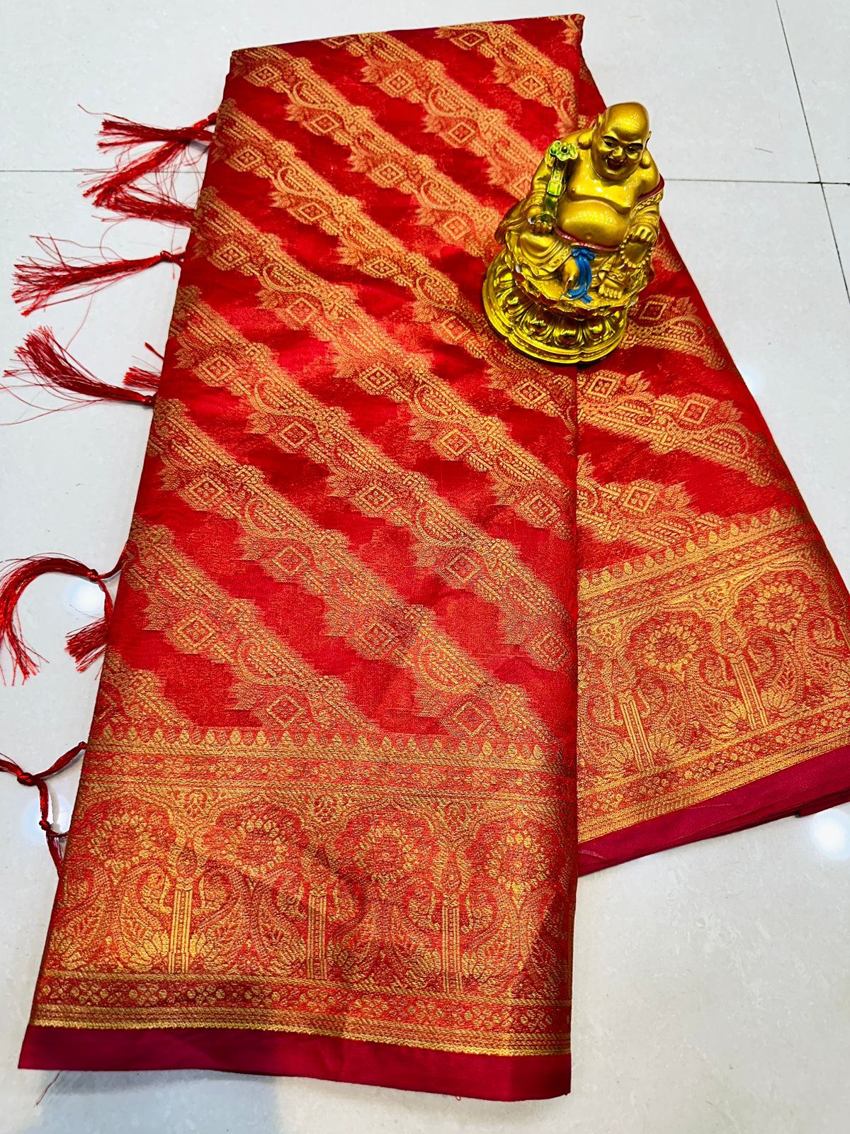 Diaphanous Red Organza Silk Saree With Panoply Blouse Piece