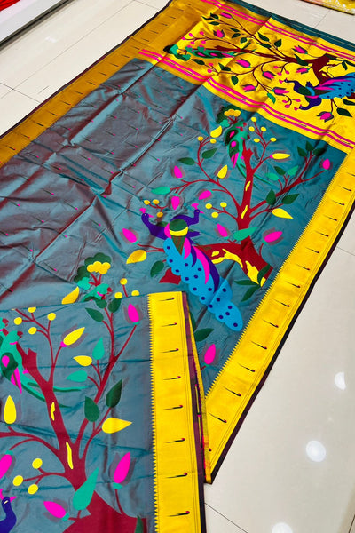 Entrancing Grey Paithani Silk Saree With Most Flattering Blouse Piece