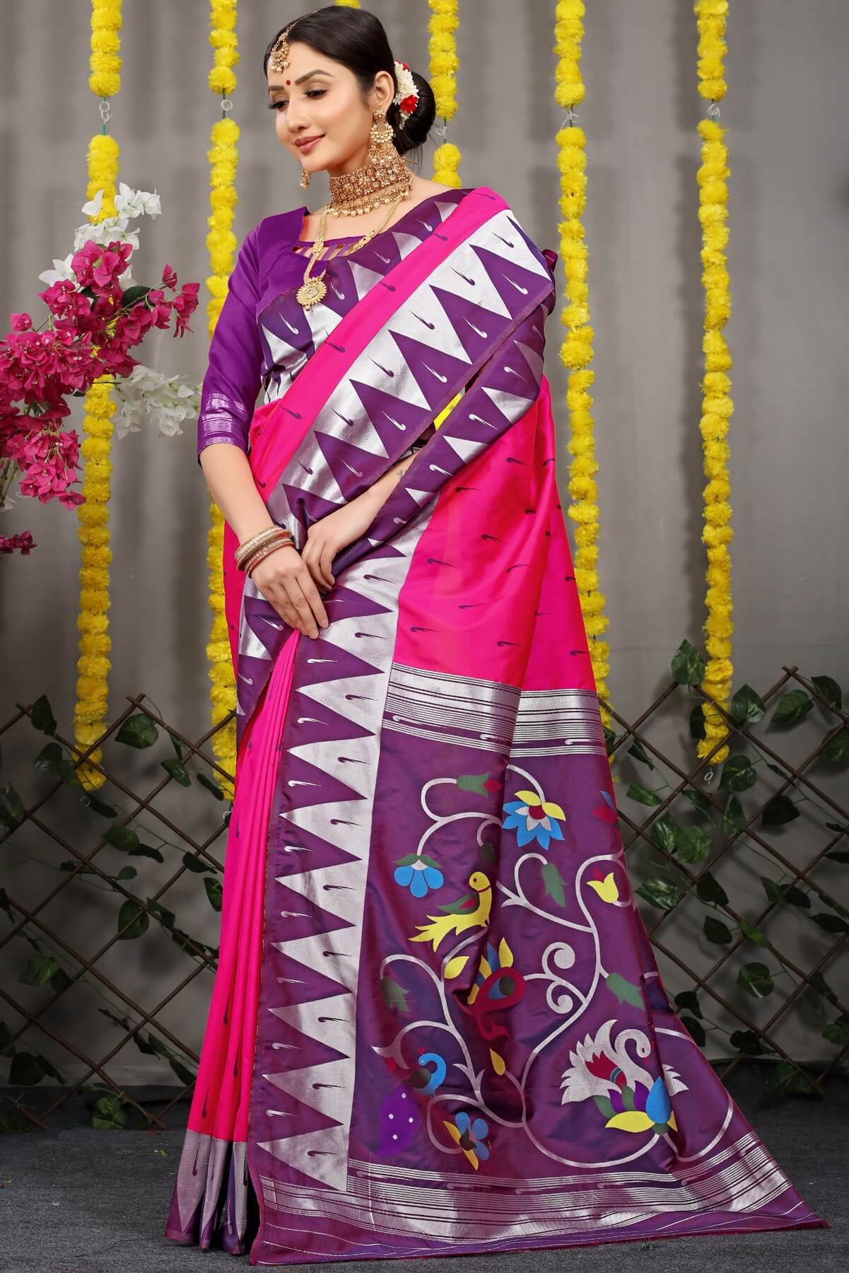 Sempiternal Dark Pink Paithani Silk Saree With Appealing Blouse Piece