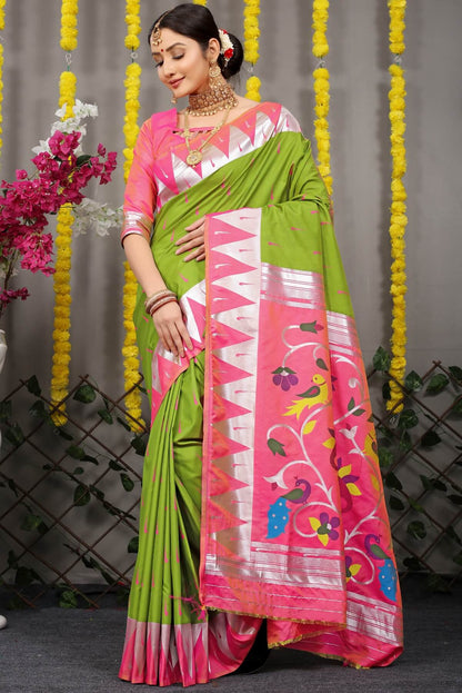 Seraglio Green Paithani Silk Saree With Appealing Blouse Piece