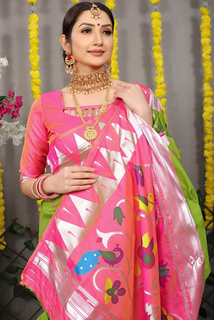 Seraglio Green Paithani Silk Saree With Appealing Blouse Piece