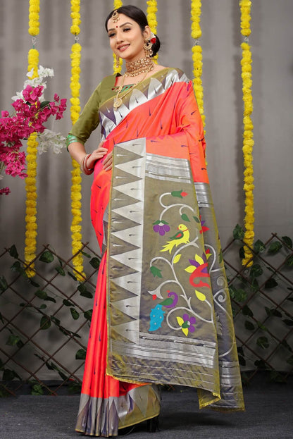 Surreptitious Orange Paithani Silk Saree With Appealing Blouse Piece