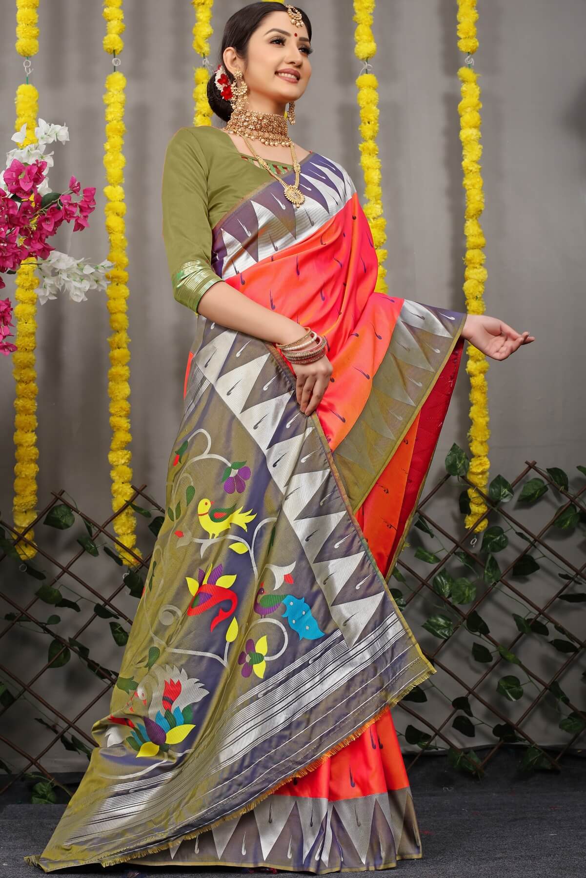 Surreptitious Orange Paithani Silk Saree With Appealing Blouse Piece