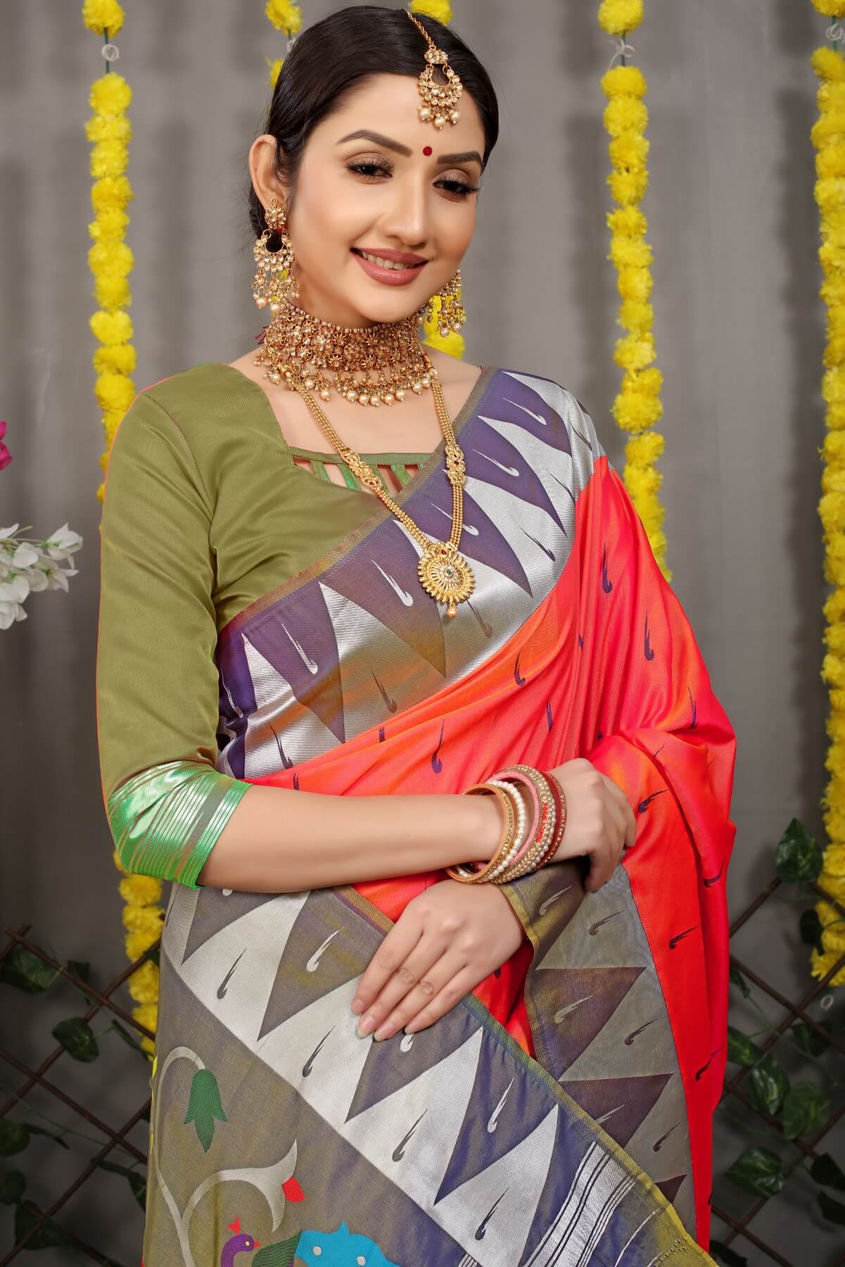 Surreptitious Orange Paithani Silk Saree With Appealing Blouse Piece